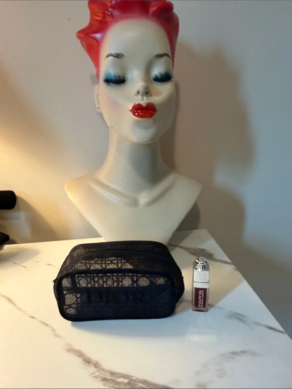 Dior Bundle Black Mesh Cosmetic Pouch with Dior Cherry Lip Oil